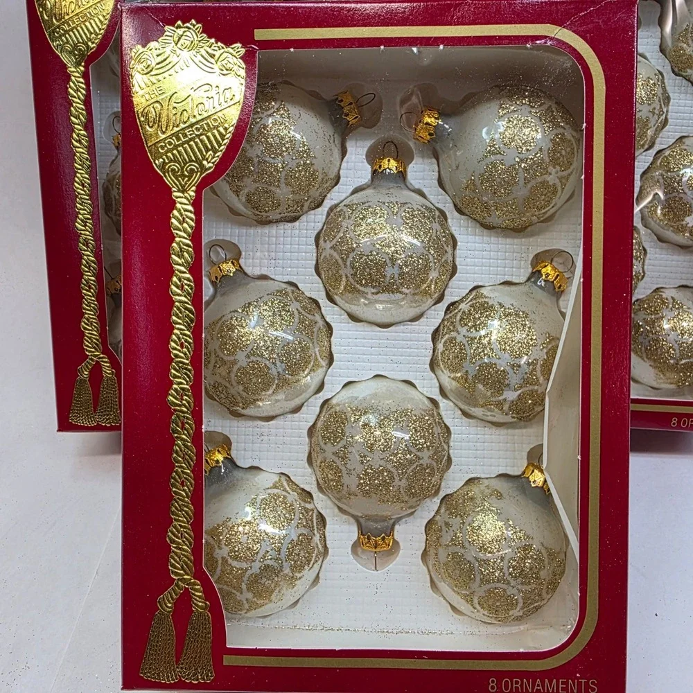 Vtg Rauch Glass Christmas Ornaments Lot of 24, Victoria White Gold Glitter, GUC‎